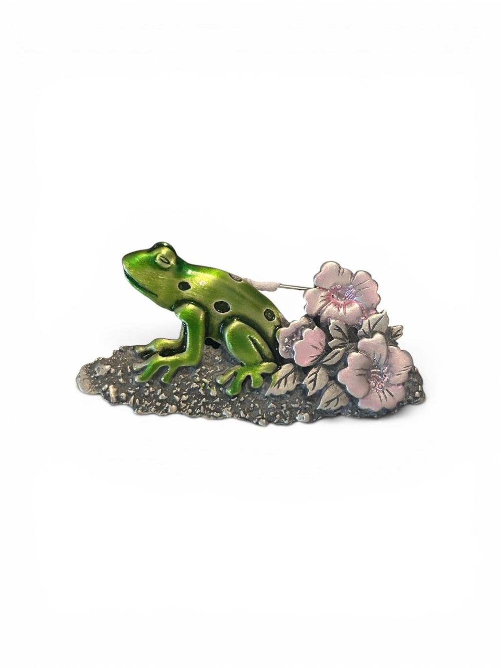 JJ Jonette Green Frog Floral Pin with Pink Flowers